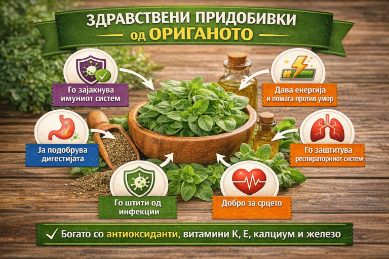 Bowl of fresh oregano surrounded by essential oil, herbs, and icons illustrating health benefits like immunity boost and infection prevention.