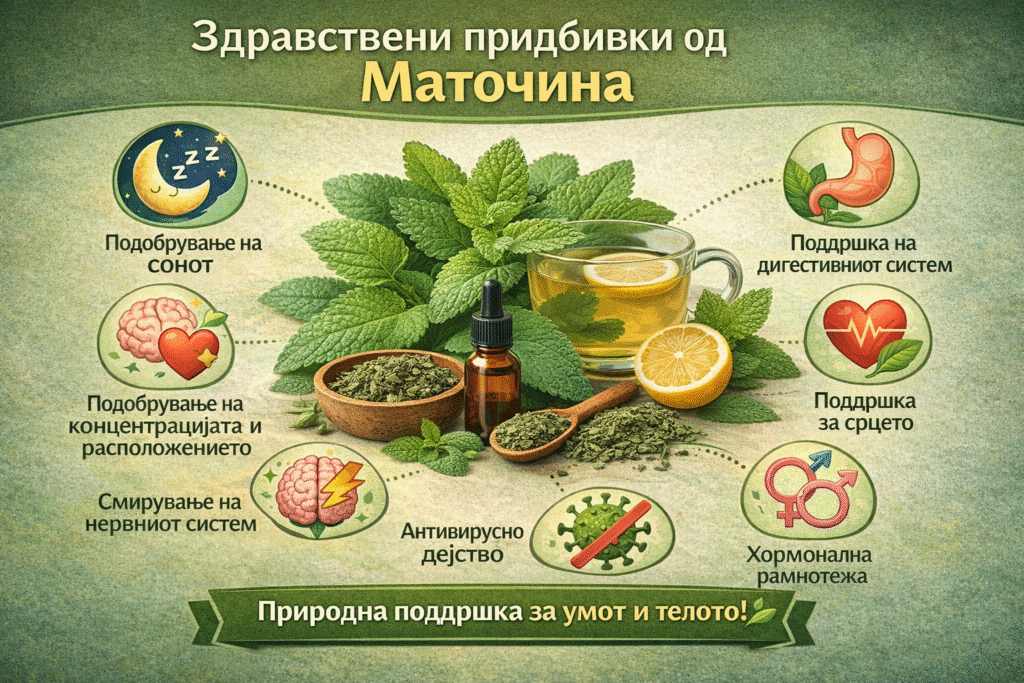Инфографик со здравствени придобивки од маточина (Melissa officinalis), прикажани со чај од маточина, свежи листови и икони што симболизираат подобрување на сонот, смирување на нервниот систем, поддршка на дигестивниот систем, подобрување на концентрацијата и расположението, антивирусно дејство и хормонална рамнотежа, во природна зелена палета.