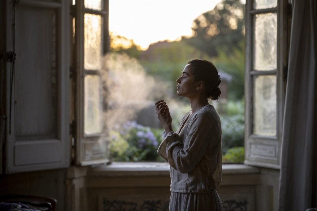 Woman in a light-colored outfit exhaling smoke while standing by an open window with sunlight filtering through.