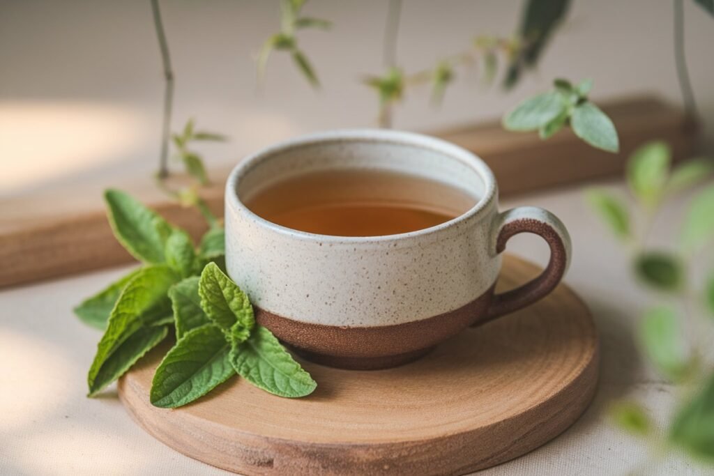Ceramic cup filled with tea, placed on a wooden surface, accompanied by fresh mint leaves.