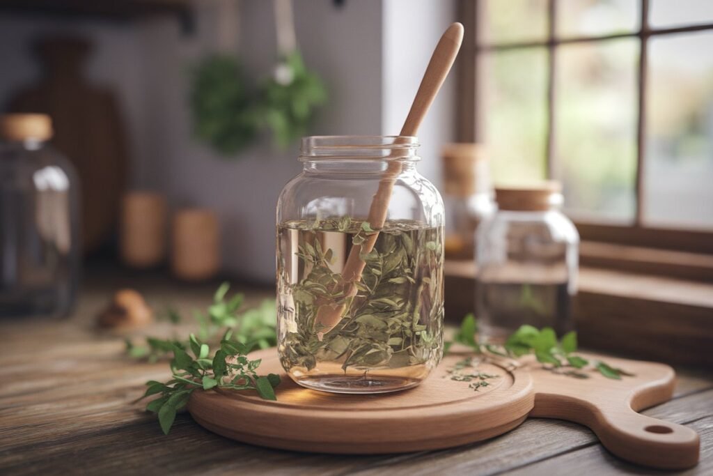 Glass jar containing herbal tincture with fresh herbs and a wooden stirring stick on a wooden surface.
