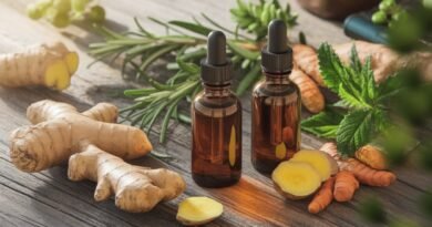 Two amber glass dropper bottles placed next to fresh ginger and turmeric roots on a wooden surface.