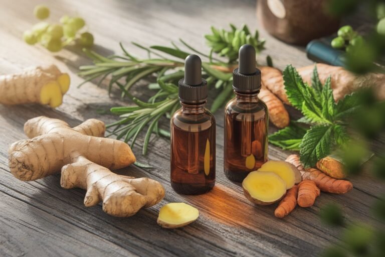 Two amber glass dropper bottles placed next to fresh ginger and turmeric roots on a wooden surface.