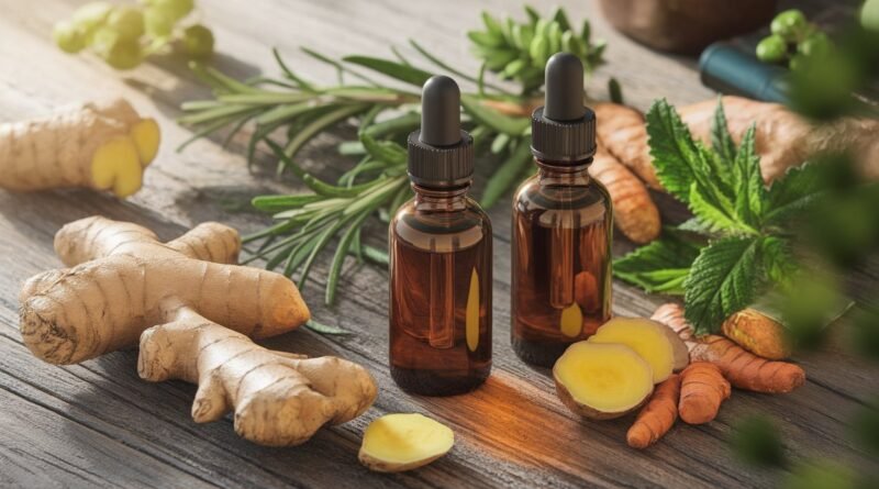 Two amber glass dropper bottles placed next to fresh ginger and turmeric roots on a wooden surface.