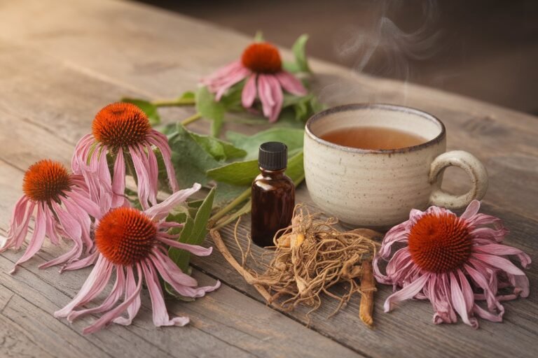 Природна композиција со ехинацеа: свежи цветови од ехинацеа, корен од ехинацеа, шолја топол чај и мало шишенце со билна тинктура, поставени на дрвена површина, како симбол на природна поддршка за имунитетот.