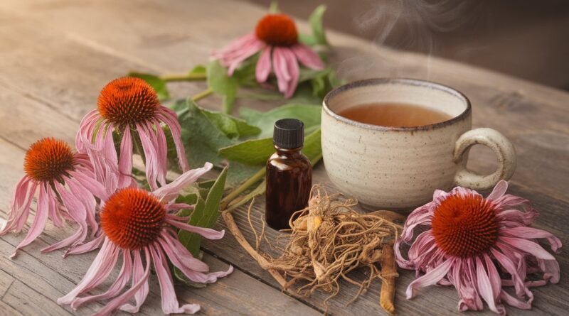Природна композиција со ехинацеа: свежи цветови од ехинацеа, корен од ехинацеа, шолја топол чај и мало шишенце со билна тинктура, поставени на дрвена површина, како симбол на природна поддршка за имунитетот.