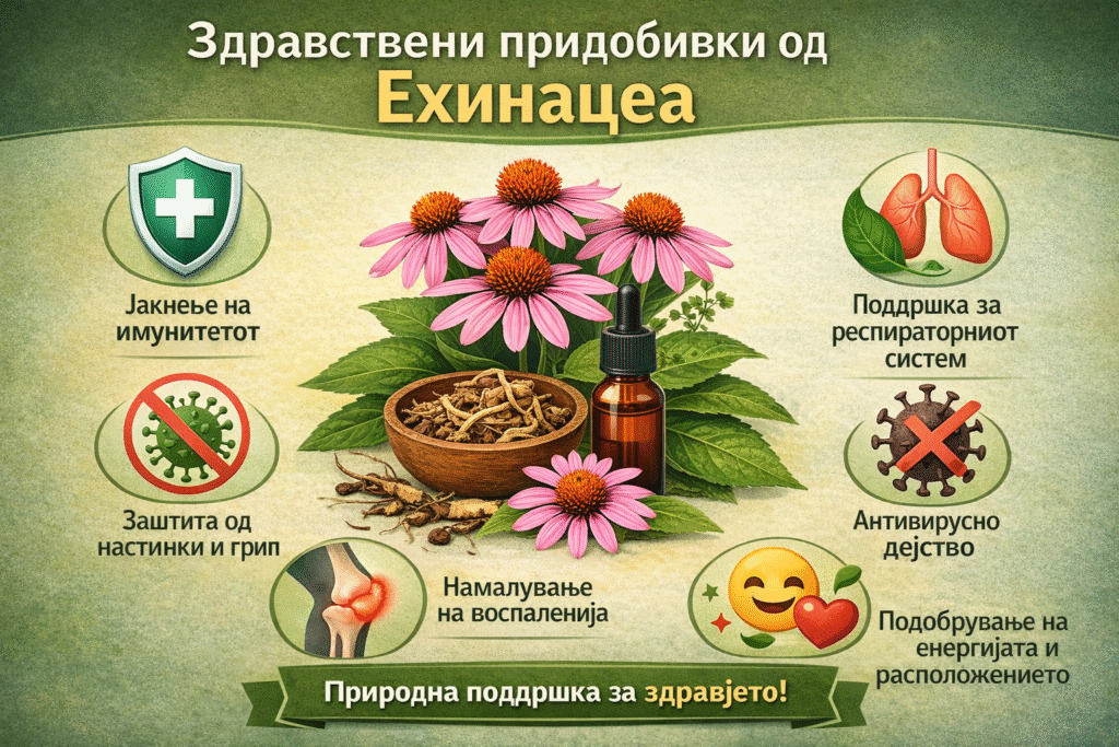 Инфографик во формат 3:2 со здравствени придобивки од ехинацеа: јакнење на имунитетот, поддршка на респираторниот систем, заштита од настинки и грип, антивирусно дејство, намалување на воспаленија и подобрување на енергијата и расположението, со илустрација од растението ехинацеа и природни препарати.