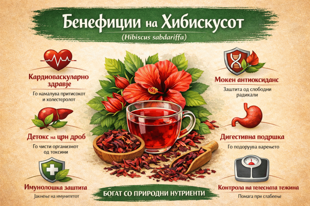 Инфографика за бенефициите на хибискусот (Hibiscus sabdariffa) – чај од хибискус со природни придобивки за кардиоваскуларно здравје, детокс на црн дроб, дигестивна поддршка, имунолошка заштита, антиоксиданс и контрола на телесната тежина.