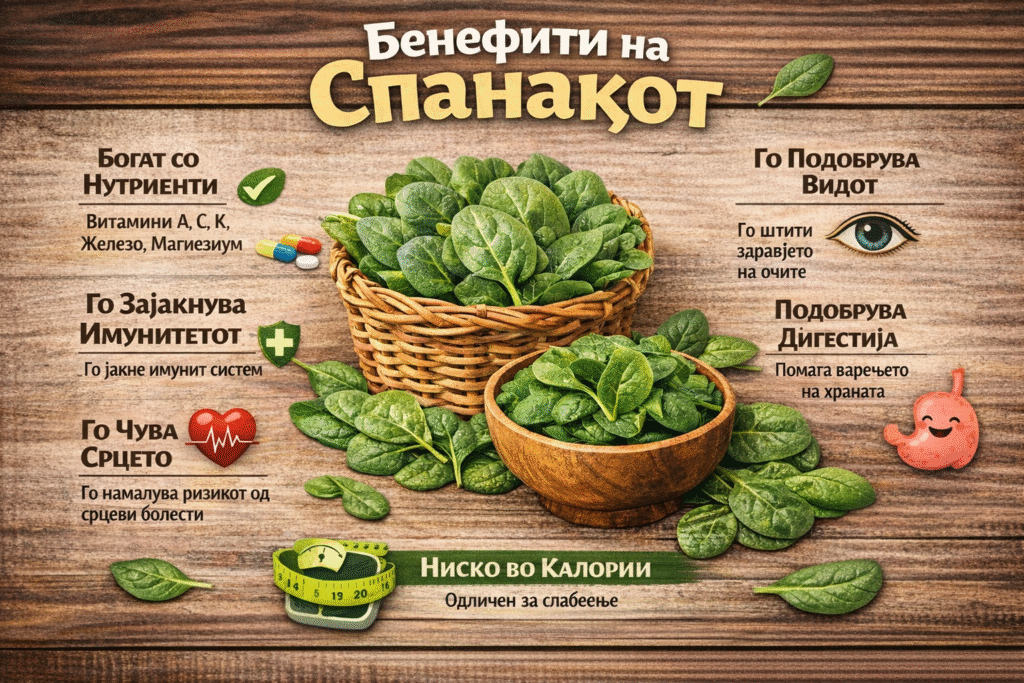 Baskets of fresh spinach leaves with text highlighting its nutritional benefits, including vitamins A, C, K, iron, and magnesium.