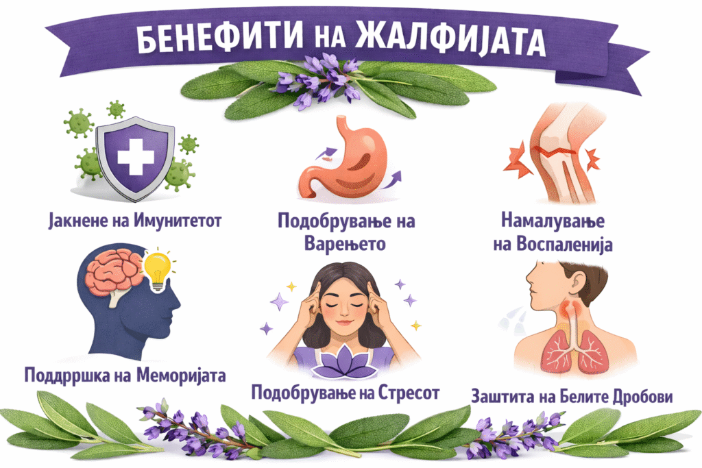 Illustration depicting the benefits of sage, including immune support, digestive improvement, inflammation reduction, stress relief, memory support, and respiratory protection.