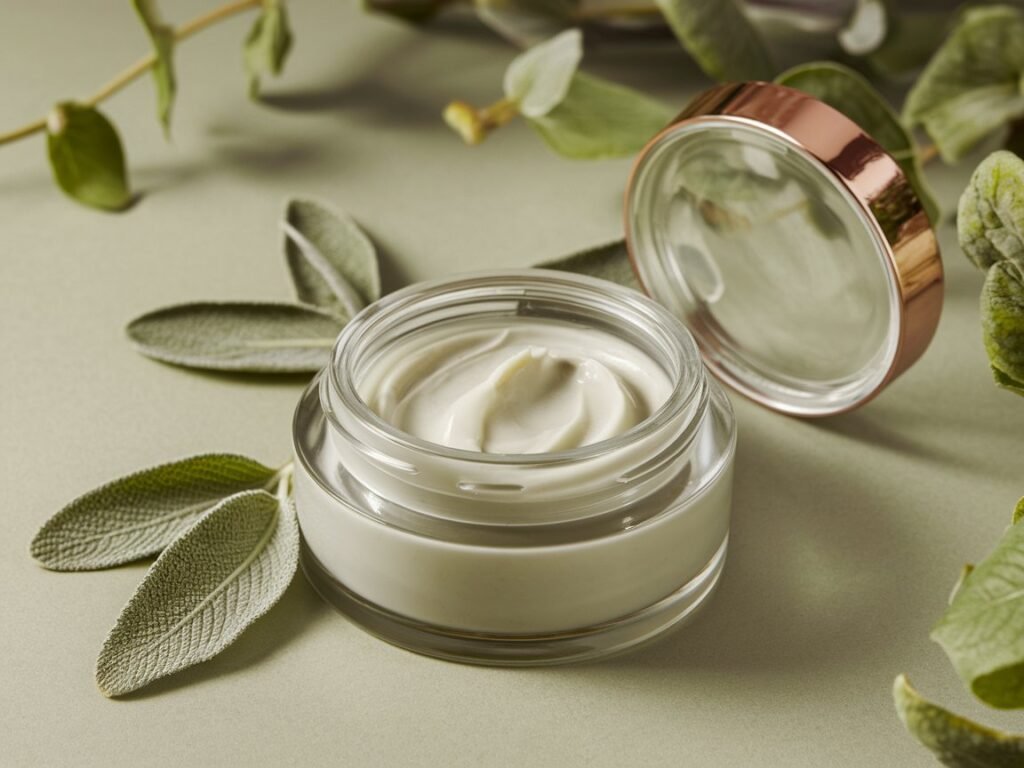 A clear glass jar containing a creamy white substance, surrounded by green leaves on a light green surface.