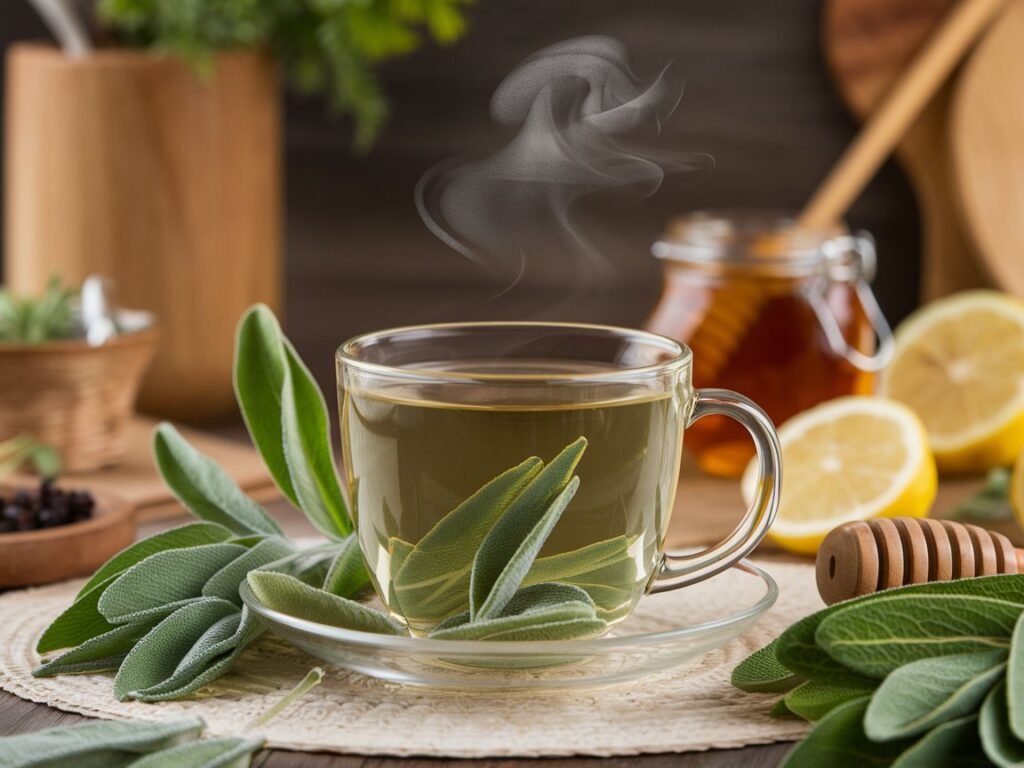 Clear glass cup of herbal tea with steam rising, surrounded by fresh sage leaves, a honey jar, and lemon slices.