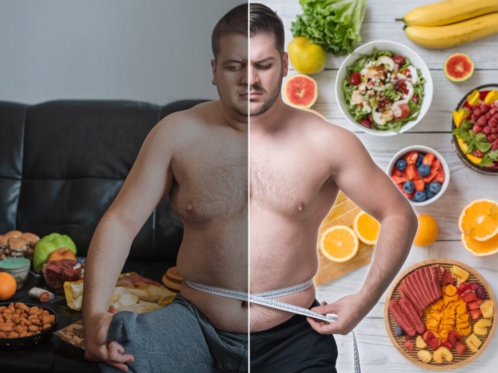 Before and after split image of a man measuring his waist, showcasing a transformation in physique with healthy foods displayed.