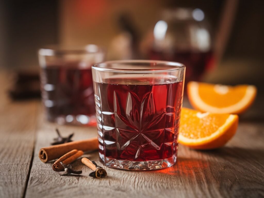 Two glasses of dark red beverage with orange slices, cinnamon sticks, and cloves on a wooden surface.