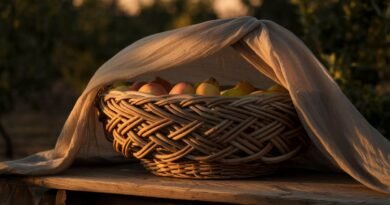 Woven wicker basket filled with various fruits, partially covered by a light fabric, placed on a wooden surface.