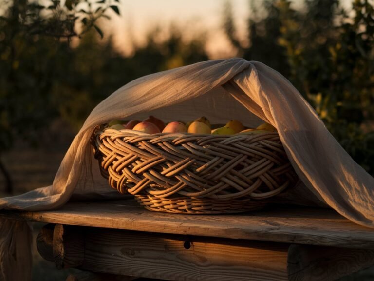 Woven wicker basket filled with various fruits, partially covered by a light fabric, placed on a wooden surface.