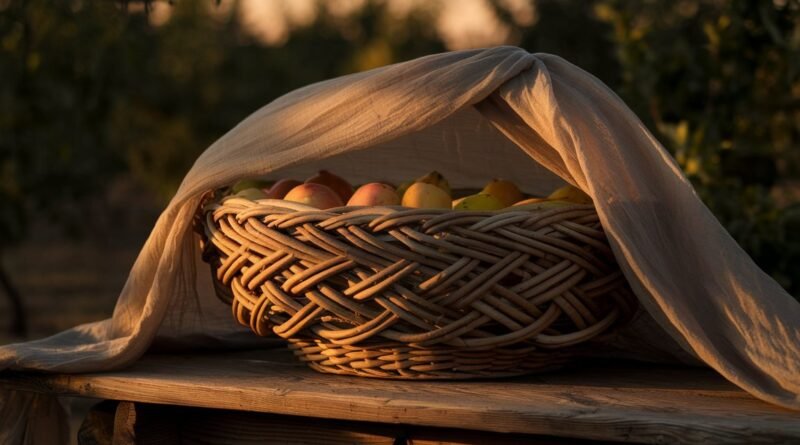 Woven wicker basket filled with various fruits, partially covered by a light fabric, placed on a wooden surface.