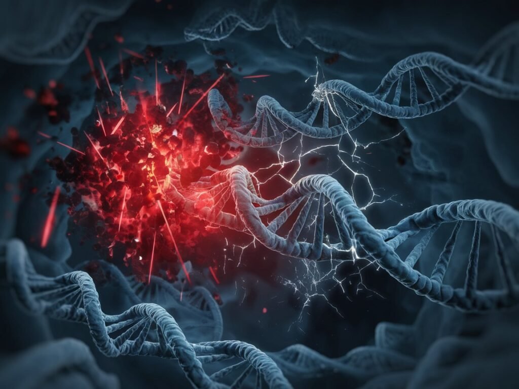 Cinematic scientific illustration depicting DNA strands with a burst of red energy and electrical sparks in a dark background.