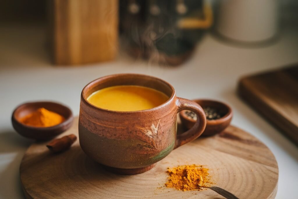Ceramic cup filled with steaming golden beverage, accompanied by bowls of turmeric and black pepper on a wooden surface.