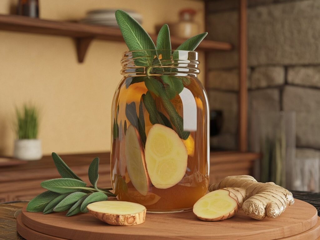 Glass jar containing ginger slices and fresh sage leaves, placed on a wooden surface with additional ginger root nearby.