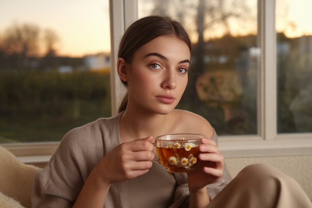 Young woman holding a cup of herbal tea with chamomile flowers, sitting by a window during sunset.