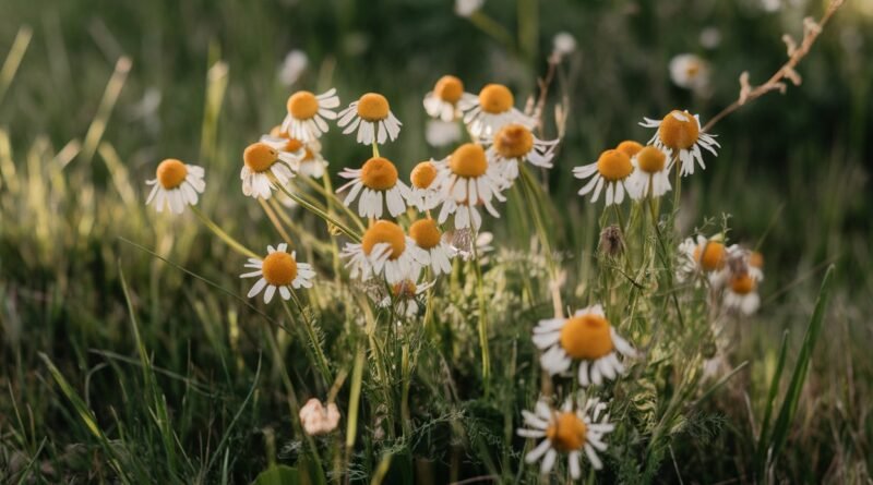 Wild chamomile flowers with white petals and yellow centers growing in a grassy area.