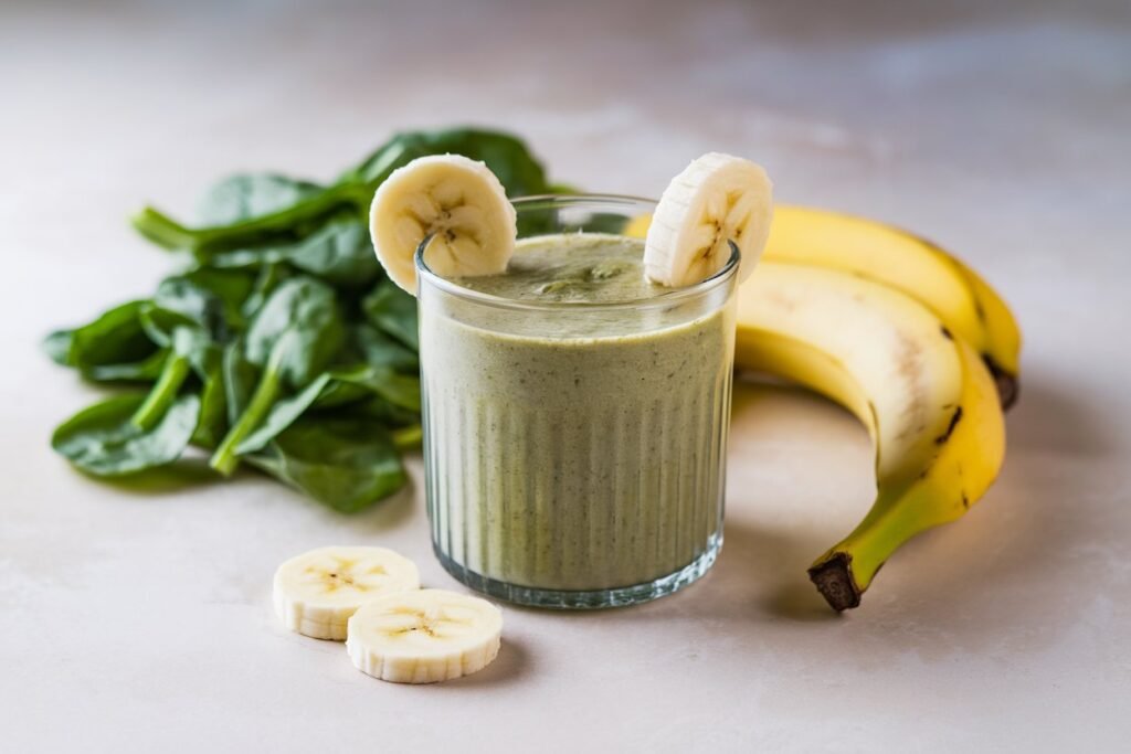 A glass of green smoothie topped with banana slices, accompanied by fresh spinach leaves and whole bananas on a light surface.
