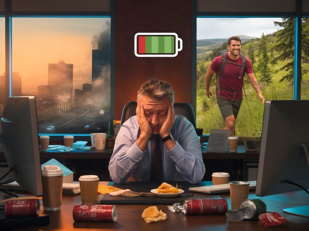 A businessman sitting at a desk with his head in his hands, surrounded by empty coffee cups and snacks, with a battery icon indicating low charge.