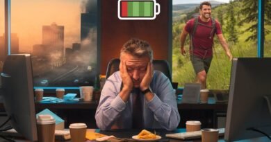 A businessman sitting at a desk with his head in his hands, surrounded by empty coffee cups and snacks, with a battery icon indicating low charge.