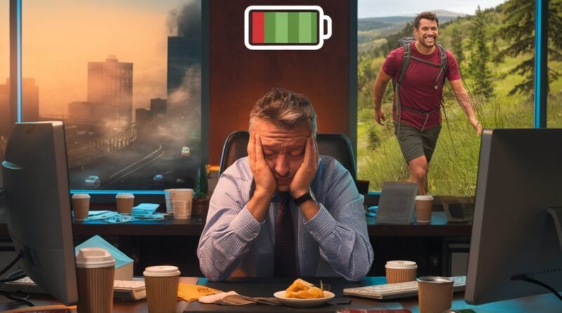 A businessman sitting at a desk with his head in his hands, surrounded by empty coffee cups and snacks, with a battery icon indicating low charge.
