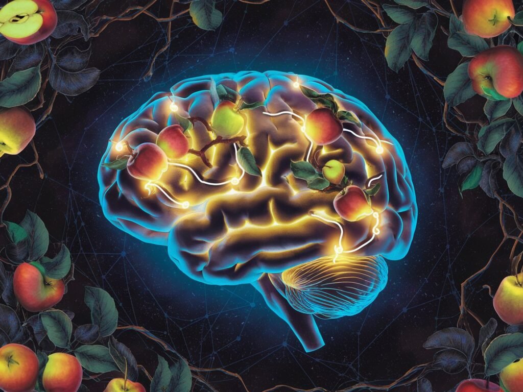 Illustration of a brain with glowing neural connections and apples intertwined within its structure.