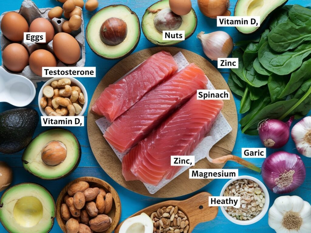 Flat lay arrangement of various food items including fresh tuna, spinach, avocados, eggs, nuts, and garlic, labeled with nutrients and vitamins.