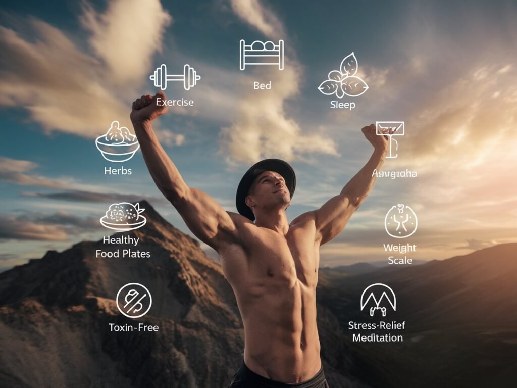 Man with raised arms standing on a mountain, symbolizing health and wellness with icons for exercise, sleep, herbs, and meditation.