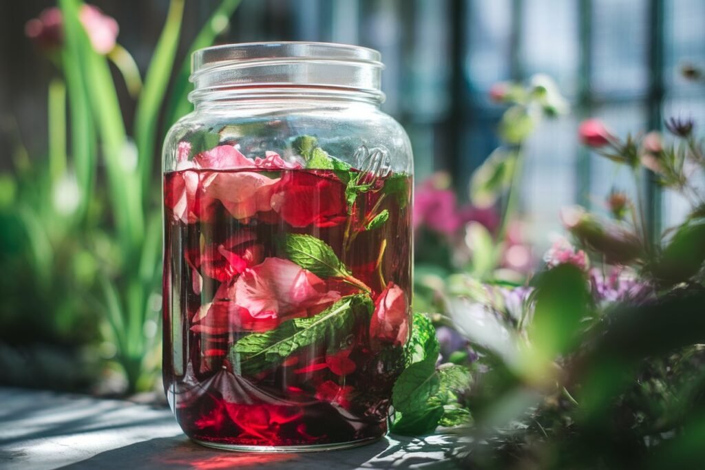 Glass jar filled with hibiscus flowers and mint leaves, showcasing a vibrant red liquid inside.