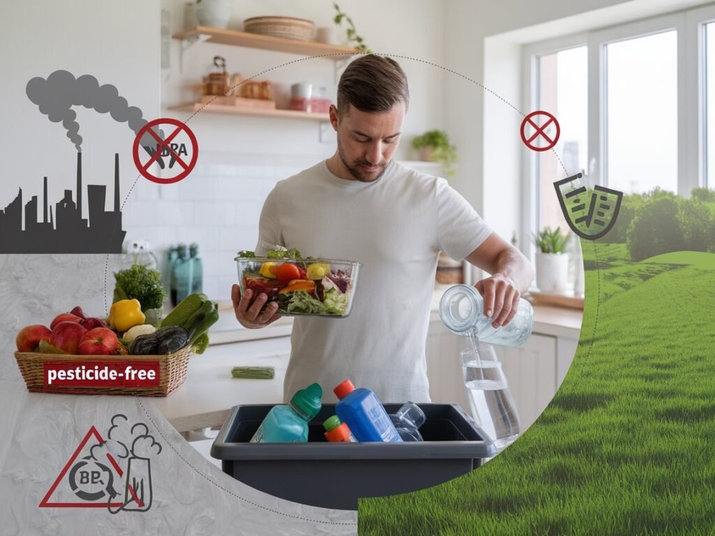Man preparing a salad with fresh vegetables in a kitchen while holding a container and pouring water.