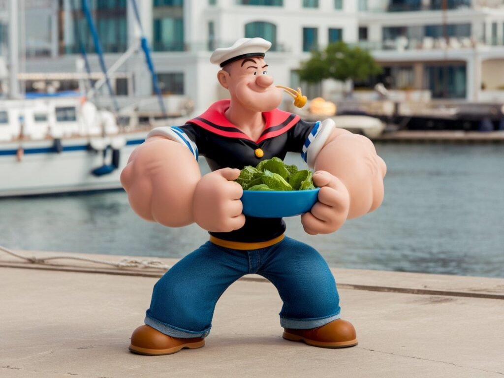Popeye the Sailor Man character holding a bowl of spinach at a marina, with boats in the background.