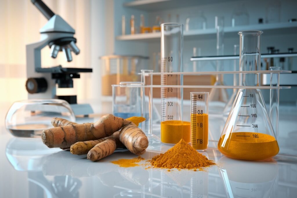 Turmeric roots and powdered turmeric placed next to laboratory glassware, including beakers and a microscope in a scientific setting.