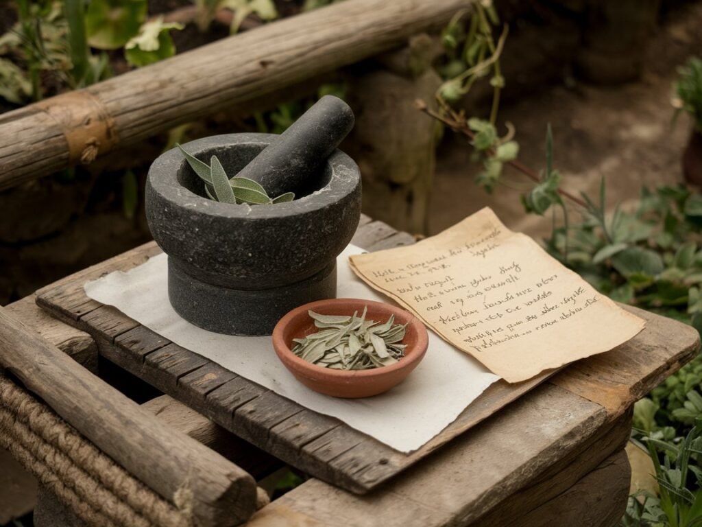 A rustic wooden table displaying a stone mortar and pestle, a small bowl of dried leaves, and an old handwritten note.