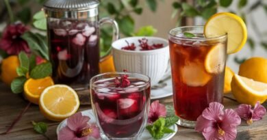 Two glasses of iced hibiscus tea with lemon slices and mint, accompanied by a teapot and fresh citrus fruits on a wooden table.