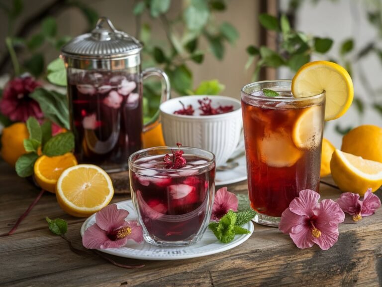 Two glasses of iced hibiscus tea with lemon slices and mint, accompanied by a teapot and fresh citrus fruits on a wooden table.