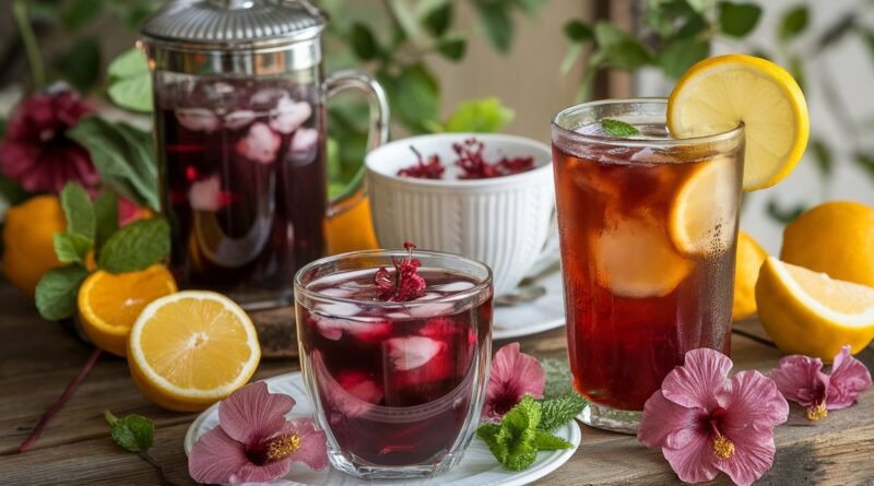 Two glasses of iced hibiscus tea with lemon slices and mint, accompanied by a teapot and fresh citrus fruits on a wooden table.
