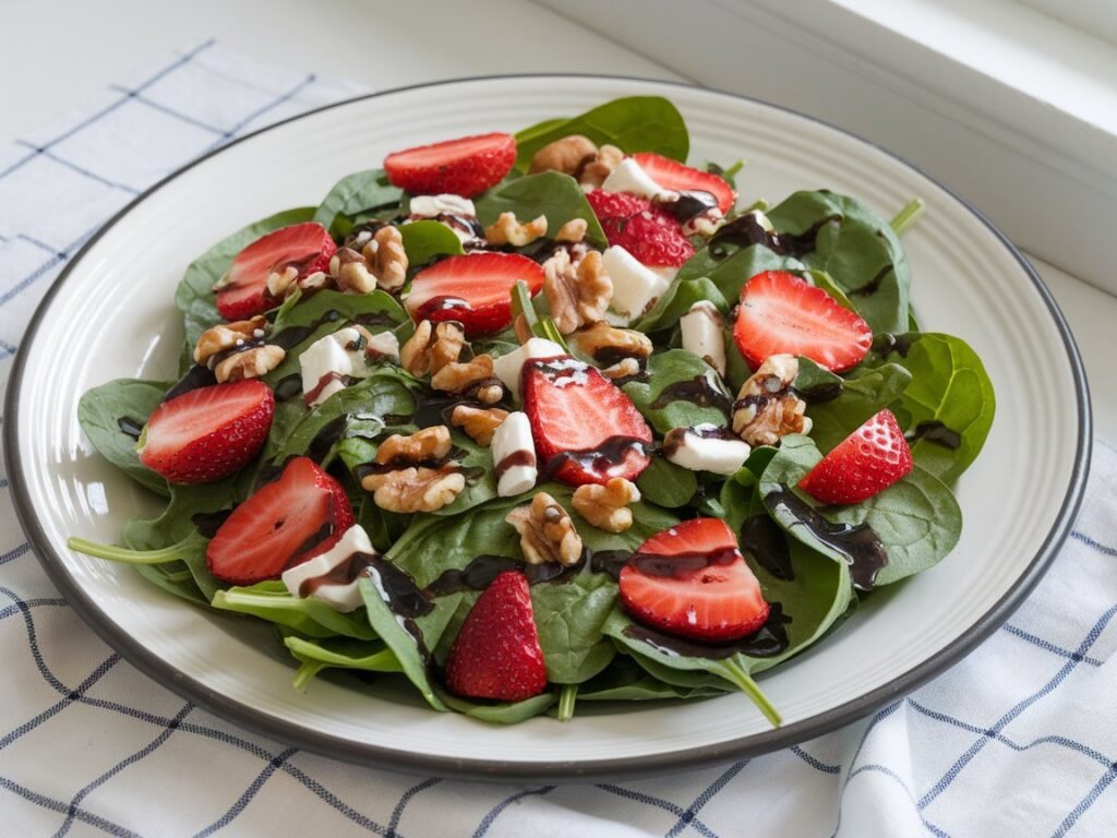 Spinach salad topped with sliced strawberries, walnuts, and drizzled with balsamic dressing on a white plate.