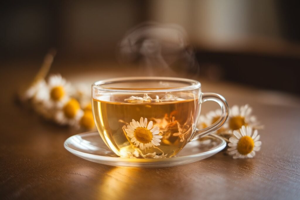 Transparent glass cup filled with chamomile tea, featuring floating chamomile flowers, placed on a saucer with additional flowers nearby.