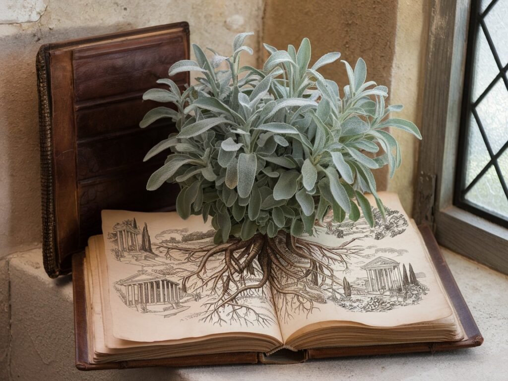 An open book with a detailed illustration of ancient ruins, featuring a plant with roots growing from its pages.