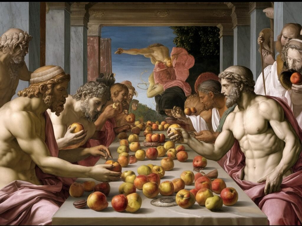 Antique Roman banquet scene with figures seated around a table filled with apples, depicting a classical gathering of men in togas.
