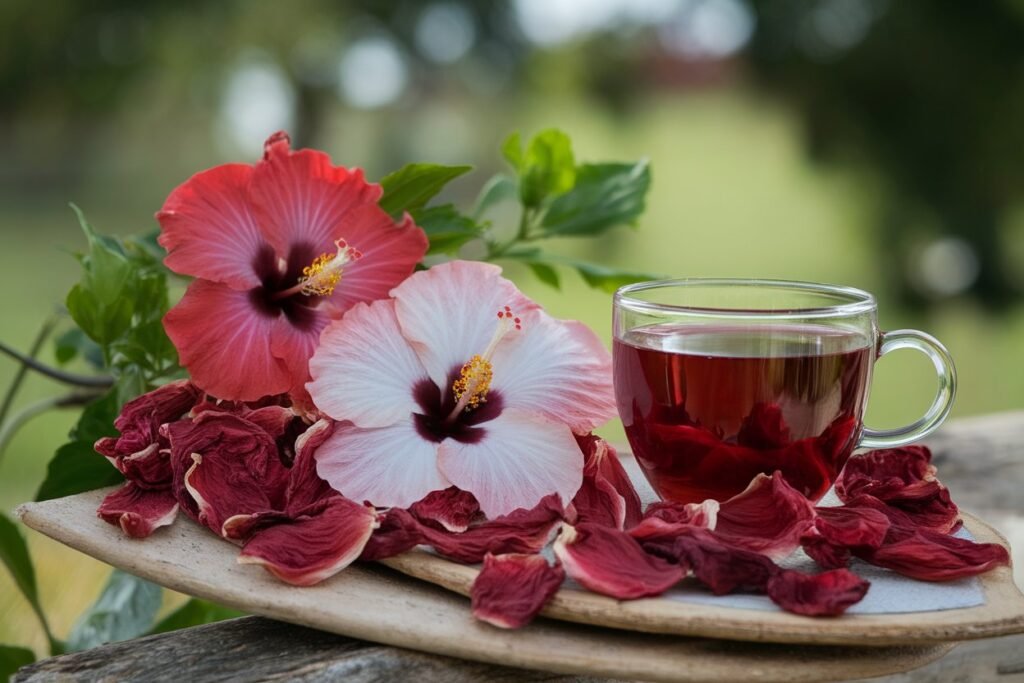 Чаша чај од хибискус со свежи и сушени цветови од хибискус поставени на дрвена површина во природа, со зелена позадина и природна светлина
