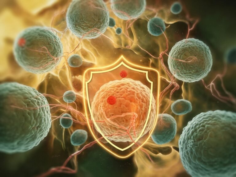 Illustration of cells with a protective shield overlay, depicting a biological or medical concept related to cellular defense mechanisms.