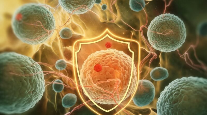 Illustration of cells with a protective shield overlay, depicting a biological or medical concept related to cellular defense mechanisms.