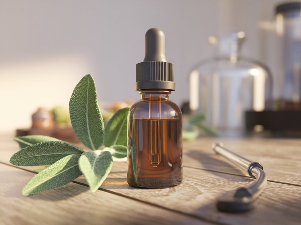Brown glass dropper bottle with a black lid placed on a wooden surface next to green leaves and a metal tool.