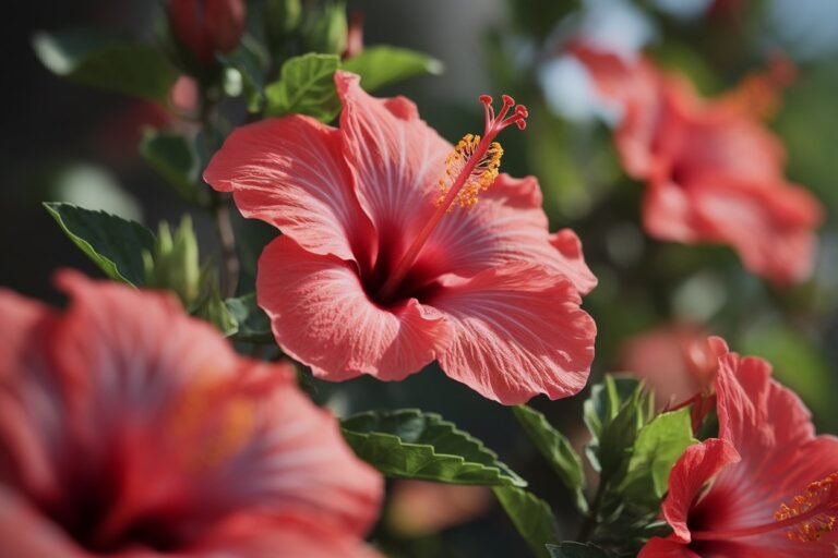 Чаша чај од хибискус со свежи и сушени цветови од хибискус поставени на дрвена површина во природа, со зелена позадина и природна светлина